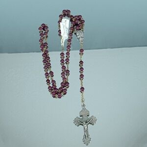 Vintage Catholic Rosary Beads Silver‎ Tone Accent Burgundy Faceted Beads